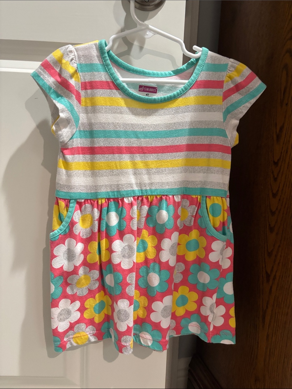 Swiggles Girls Stripe & Floral Dress in Turquoise, Pink, Yellow, White